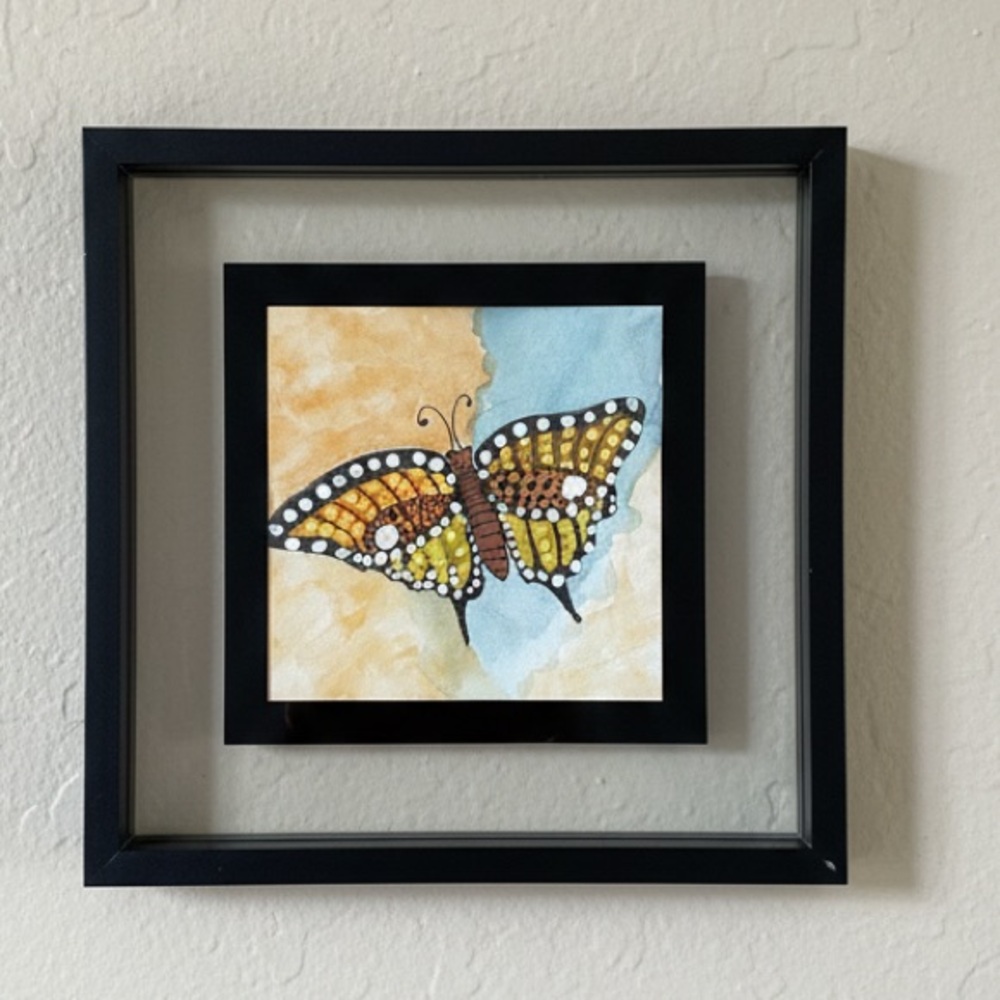 Hand crafted painted yellow orange butterfly plastic and glass frame 7x7 inch